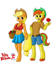 Size: 2700x3284 | Tagged: safe, artist:bigrinth, imported from derpibooru, applejack, oc, oc:applejuice, anthro, unguligrade anthro, belly button, breasts, cleavage, duo, female, front knot midriff, midriff