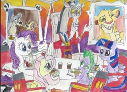 Size: 2338x1700 | Tagged: safe, artist:merrittwilson, imported from derpibooru, discord, fluttershy, rarity, spike, twilight sparkle, alicorn, pony, disney cruise, lady and the tramp, the lion king, twilight sparkle (alicorn)
