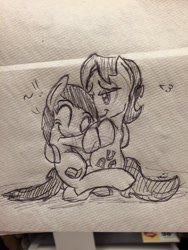 Size: 768x1024 | Tagged: safe, artist:cii, artist:ciimen, imported from derpibooru, caramel, oc, oc:mitchy, canon x oc, cuddling, gay, heart, male, napkin, shipping, sketch, snuggling, tilde