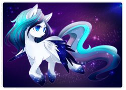Size: 1024x739 | Tagged: safe, artist:chokico, imported from derpibooru, oc, oc only, oc:stardream, pegasus, pony, colored pupils, colored wings, colored wingtips, cute, female, flying, lidded eyes, looking back, mare, open mouth, sky, solo, sparkles, spread wings, stars, wings