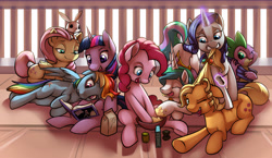 Size: 4965x2885 | Tagged: safe, artist:gsphere, imported from derpibooru, angel bunny, applejack, fluttershy, pinkie pie, princess celestia, rainbow dash, rarity, spike, twilight sparkle, alicorn, dragon, earth pony, pegasus, pony, unicorn, absurd resolution, baby, baby dragon, baking, book, cute, cutelestia, dashabetes, diapinkes, eyes closed, female, freckles, hair styling, jackabetes, magic, male, mane seven, mane six, mare, one eye closed, open mouth, raribetes, reading, shyabetes, spikabetes, tail wrap, tongue out, twiabetes