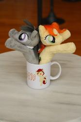 Size: 2592x3888 | Tagged: safe, artist:wolflessnight, derpibooru exclusive, imported from derpibooru, photographer:pulse wave, carrot top, golden harvest, octavia melody, oc, oc:canni soda, pony, 2016, cup of pony, cute, galacon, galacon 2016, irl, micro, mug, mug of plush, mug of pony, photo, plushie