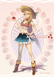 Size: 800x1132 | Tagged: safe, artist:momori, artist:momori68, imported from derpibooru, applejack, human, apple, belly button, belt, boots, clothes, denim skirt, female, food, front knot midriff, garter belt, garters, humanized, midriff, skirt, solo, stockings