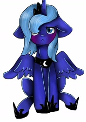 Size: 1000x1414 | Tagged: safe, artist:crystalsketch342, imported from derpibooru, princess luna, :<, blushing, female, filly, floppy ears, looking at you, pouting, simple background, sitting, solo, spread wings, woona