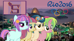 Size: 1920x1080 | Tagged: safe, artist:themexicanpunisher, imported from derpibooru, indigo zap, lemon zest, sour sweet, sunny flare, equestria girls, equestria girls ponified, olympic games, olympic rings, olympics, ponified, rio 2016, rio de janeiro