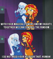 Size: 500x554 | Tagged: safe, edit, edited screencap, imported from derpibooru, screencap, sunset shimmer, trixie, mewtwo, equestria girls, rainbow rocks, caption, image macro, meme, pokémon, quote, trixie yells at everything