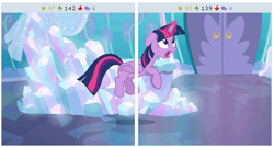 Size: 515x277 | Tagged: safe, imported from derpibooru, screencap, twilight sparkle, alicorn, pony, derpibooru, the crystalling, crystal castle, crystal empire, forced juxtaposition, jumping, juxtaposition, meme, meta, twilight sparkle (alicorn)