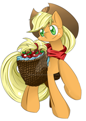 Size: 900x1273 | Tagged: safe, artist:fenriz278, imported from derpibooru, applejack, anatomically incorrect, apple, bandana, basket, female, food, sidemouth, simple background, solo, watermark