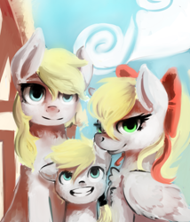 Size: 1000x1167 | Tagged: safe, artist:elijah, artist:fuzzpower, imported from derpibooru, oc, oc only, oc:aryanne, oc:kyrie, oc:luftkrieg, earth pony, pegasus, pony, aryan, aryan pony, blonde, chest fluff, cloud, female, filly, group photo, hair bow, hat, heart, nazi, nazipone, request, smiling, swastika