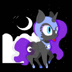 Size: 737x741 | Tagged: artist needed, safe, imported from derpibooru, nightmare moon, alicorn, pony, black background, chibi, female, helmet, moon, nightmare mlem, pixel art, raised hoof, silly, simple background, solo, tongue out