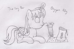 Size: 1102x736 | Tagged: safe, artist:parclytaxel, imported from derpibooru, oc, oc only, oc:parcly taxel, alicorn, pony, alicorn oc, cocktail, food, herbivore, horn ring, levitation, lineart, long bar, magic, monochrome, peanut, pencil drawing, prone, raffles hotel, singapore, singapore sling, sipping, solo, straw, telekinesis, traditional art