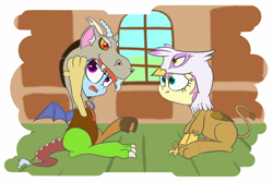 Size: 1800x1200 | Tagged: safe, artist:p4r4n0e4c, imported from derpibooru, discord, fluttershy, gilda, rainbow dash, draconequus, griffon, pegasus, pony, clothes, cute, duo, kigurumi, sitting