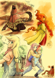 Size: 788x1107 | Tagged: safe, artist:hazurasinner, imported from derpibooru, applejack, fluttershy, rainbow dash, human, adventure time, bandana, carrying, clothes, dress, flame princess, humanized, injured, journey, overalls, sketch, sketch dump, working