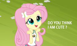 Size: 1126x678 | Tagged: safe, edit, edited screencap, imported from derpibooru, screencap, fluttershy, equestria girls, legend of everfree, caption, clothes, cute, image macro, meme, open mouth, shorts, shyabetes