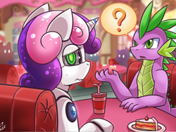 Size: 800x600 | Tagged: safe, artist:vavacung, imported from derpibooru, spike, sweetie belle, dragon, pony, robot, unicorn, date, dating, female, male, shipping, spikebelle, straight, sweetie bot