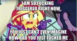 Size: 1280x687 | Tagged: safe, edit, edited screencap, imported from derpibooru, screencap, sci-twi, sunset shimmer, twilight sparkle, equestria girls, friendship games, angry, caption, exploitable meme, frown, glare, image macro, meme, open mouth, pointing, sunset yells at twilight, triggered, vulgar