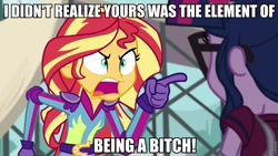 Size: 960x540 | Tagged: safe, edit, edited screencap, imported from derpibooru, screencap, sci-twi, sunset shimmer, twilight sparkle, equestria girls, caption, digimon adventure tri abridged, image macro, meme, sunset yells at twilight, vulgar