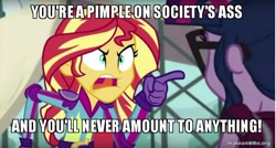 Size: 800x429 | Tagged: safe, edit, edited screencap, imported from derpibooru, screencap, sci-twi, sunset shimmer, twilight sparkle, equestria girls, friendship games, caption, futurama, image macro, makeameme.org, meme, sunset yells at twilight, vulgar, watermark