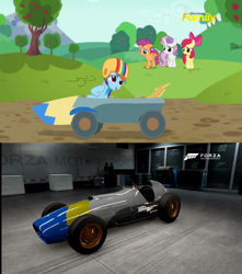 Size: 1006x1138 | Tagged: safe, artist:peternators, imported from derpibooru, screencap, apple bloom, rainbow dash, scootaloo, sweetie belle, pony, the cart before the ponies, car, formula 1, forza motorsport 6, helmet, meme, racecar, that was fast