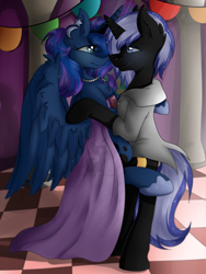 Size: 1024x1365 | Tagged: safe, artist:lionbun, artist:littledreamycat, imported from derpibooru, princess luna, oc, oc:night shadow, canon x oc, cape, clothes, dancing, ear piercing, eye contact, female, jacket, jewelry, looking at each other, lunadow, male, necklace, piercing, shipping, straight, watermark