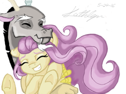 Size: 800x600 | Tagged: safe, artist:eclast, imported from derpibooru, discord, fluttershy, discoshy, female, male, shipping, smiling, snuggling, straight