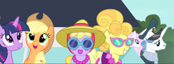 Size: 1374x505 | Tagged: safe, imported from derpibooru, applejack, fancypants, fleur-de-lis, lemon chiffon, maybelline, twilight sparkle, alicorn, earth pony, pony, unicorn, rarity takes manehattan, cruise ship, fancyfleur, female, hat, looking up, makeup, male, ship, sunglasses, twilight sparkle (alicorn)