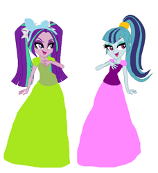 Size: 592x650 | Tagged: safe, artist:rainbowkombat, artist:selenaede, imported from derpibooru, aria blaze, sonata dusk, equestria girls, anastasia, anastasia tremaine, base used, base:selenaede, cinderella, clothes, crossover, disney, dress, drizella, drizella tremaine, green dress, pink dress