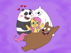 Size: 3072x2304 | Tagged: safe, artist:heinousflame, imported from derpibooru, fluttershy, bear, grizzly bear, panda, pegasus, polar bear, pony, blushing, cute, eyes closed, floating heart, grin, grizz, grizzly, heart, ice bear, open mouth, open smile, panda (we bare bears), shyabetes, smiling, we bare bears