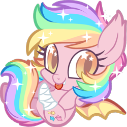 Size: 985x983 | Tagged: safe, artist:centchi, imported from derpibooru, oc, oc only, oc:paper stars, bat pony, pony, amputee, chibi, cute, cute little fangs, fangs, female, looking at you, paperbetes, rainbow hair, simple background, solo, sparkly mane, transparent background