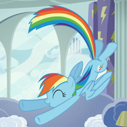 Size: 741x741 | Tagged: safe, imported from derpibooru, screencap, rainbow dash, pegasus, pony, the cart before the ponies, cute, dashabetes, eyes closed, female, flying, mare, rainbow dash's house, solo