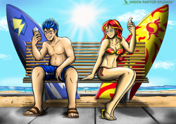 Size: 1023x724 | Tagged: safe, artist:greenraptor15, artist:pete-da-graptor, imported from derpibooru, flash sentry, sunset shimmer, human, beach, belly button, bench, bikini, clothes, female, flashimmer, food, humanized, ice cream, male, sandals, shipping, straight, surfboard, swimsuit, topless