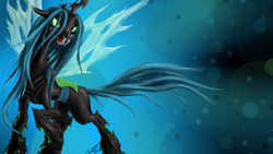 Size: 1920x1080 | Tagged: safe, artist:robbergon, imported from derpibooru, queen chrysalis, changeling, changeling queen, crown, fangs, female, growling, jewelry, menacing, raised hoof, regalia, sharp teeth, solo, wallpaper