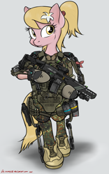 Size: 1288x2068 | Tagged: safe, artist:orang111, edit, imported from derpibooru, lily, lily valley, pony, alternate hairstyle, armor, assault rifle, bipedal, exosuit, female, grenade, gun, hxd-9, military, operator, powered exoskeleton, railgun, ribbon, rifle, solo, weapon