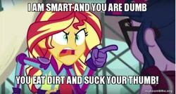 Size: 800x429 | Tagged: safe, edit, edited screencap, imported from derpibooru, screencap, sci-twi, sunset shimmer, twilight sparkle, equestria girls, friendship games, caption, dave the barbarian, image macro, makeameme.org, meme, sunset yells at twilight