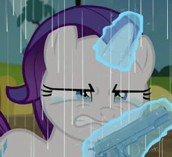 Size: 572x521 | Tagged: safe, edit, edited screencap, imported from derpibooru, screencap, rarity, the cart before the ponies, crying, female, filly, filly rarity, gun, handgun, levitation, m1911, magic, rain, reaction image, solo, telekinesis, weapon