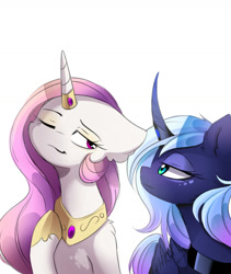 Size: 1280x1517 | Tagged: safe, artist:magnaluna, imported from derpibooru, princess celestia, princess luna, curved horn, horn jewelry, horn ring, jewelry, one eye closed, smirk, unamused, wink