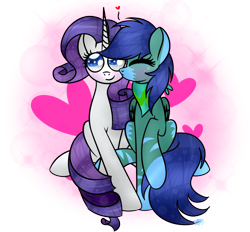 Size: 1024x951 | Tagged: safe, artist:northlights8, imported from derpibooru, rarity, oc, oc:flashy, pony, blushing, canon x oc, duo, heart, kissing, shipping