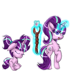 Size: 850x850 | Tagged: safe, artist:rena-mlp-999, imported from derpibooru, starlight glimmer, pony, duality, duo, filly, glowing horn, magic, s5 starlight, staff, staff of sameness