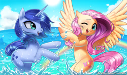 Size: 1271x750 | Tagged: safe, artist:racoonsan, imported from derpibooru, fluttershy, oc, pegasus, pony, unicorn, cloud, commission, cute, duo, female, mare, ocean, one eye closed, open mouth, playing, rainbow, shyabetes, sky, smiling, splashing, sun, water