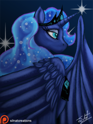 Size: 962x1280 | Tagged: safe, artist:silnat, imported from derpibooru, princess luna, bust, female, patreon, patreon logo, portrait, signature, solo