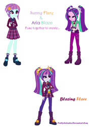 Size: 858x1118 | Tagged: safe, artist:prettycelestia, imported from derpibooru, aria blaze, sunny flare, oc, oc:blazing flare, equestria girls, brazil, fusion, fusion:aria blaze, fusion:sunny flare, gem fusion, multiple arms, steven universe, voice actor joke