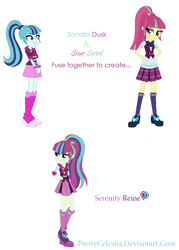 Size: 882x1234 | Tagged: safe, artist:prettycelestia, imported from derpibooru, sonata dusk, sour sweet, oc, oc:serenity reine, equestria girls, fusion, fusion:sonata dusk, fusion:sour sweet, fusion:sournata