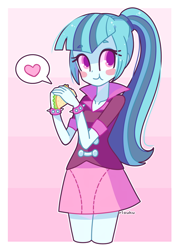 Size: 600x834 | Tagged: safe, artist:riouku, imported from derpibooru, sonata dusk, equestria girls, blush sticker, blushing, clothes, cute, eating, female, food, heart, moe, ponytail, skirt, solo, sonatabetes, sonataco, taco, that girl sure loves tacos, that pony sure does love tacos, that siren sure does love tacos