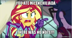 Size: 800x429 | Tagged: safe, edit, edited screencap, imported from derpibooru, screencap, sci-twi, sunset shimmer, twilight sparkle, equestria girls, friendship games, caption, crazy steve, drake & josh, meme, reference, sunset yells at twilight