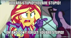 Size: 800x429 | Tagged: safe, edit, edited screencap, imported from derpibooru, screencap, sci-twi, sunset shimmer, twilight sparkle, equestria girls, friendship games, caption, cartoon network, dexter's laboratory, image macro, meme, sunset yells at twilight