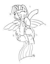 Size: 1280x1650 | Tagged: safe, artist:pabbley, imported from derpibooru, spike, twilight sparkle, alicorn, pony, 30 minute art challenge, dock, laughing, monochrome, offscreen character, on back, open mouth, sketch, tickling, twilight sparkle (alicorn), underhoof