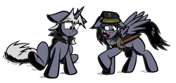 Size: 3290x1547 | Tagged: safe, artist:virmir, imported from derpibooru, oc, oc only, oc:lucile, oc:virmare, oc:virmir, blank flank, cap, cape, clothes, hat, ponified, species swap, sword, weapon