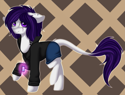 Size: 2093x1603 | Tagged: safe, artist:ognevitsa, imported from derpibooru, oc, oc only, abstract background, clothes, hoodie, leonine tail, looking at you, purple eyes, purple mane, raised hoof, scar, signature, solo, white coat