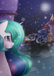 Size: 2893x4092 | Tagged: safe, artist:rouletteobsidian, imported from derpibooru, princess celestia, princess luna, chariot, christmas lights, hat, luna's chariot, moon, sack, santa hat, santa sack, snow, snowfall