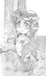 Size: 905x1483 | Tagged: safe, artist:cross_ornstein, imported from derpibooru, fluttershy, dryad, armpits, cervitaur, chibi, species swap, traditional art, warcraft